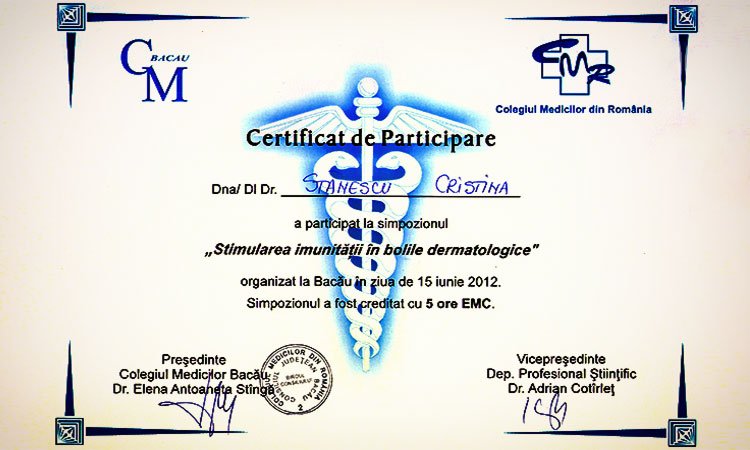 Certificat de participare la "Stimularea imunitatii in bolile dermatologice"