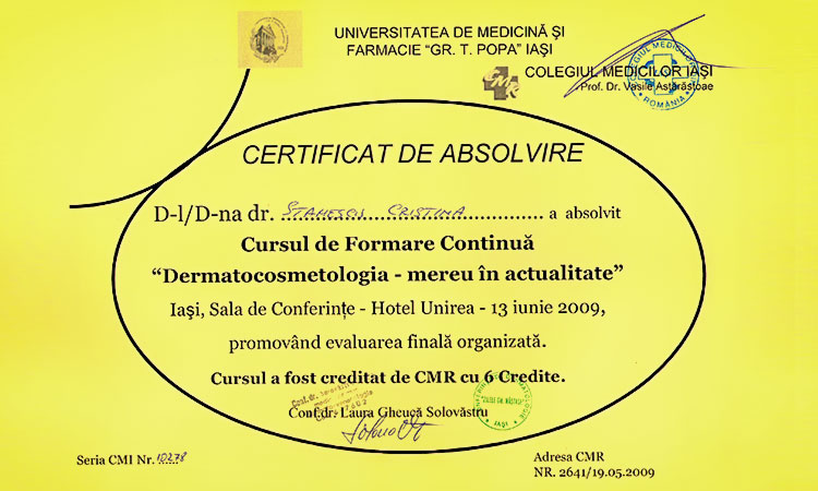 Certificat de absolvire curs de formare continua "Dermatocosmetologia - mereu in actualitate"