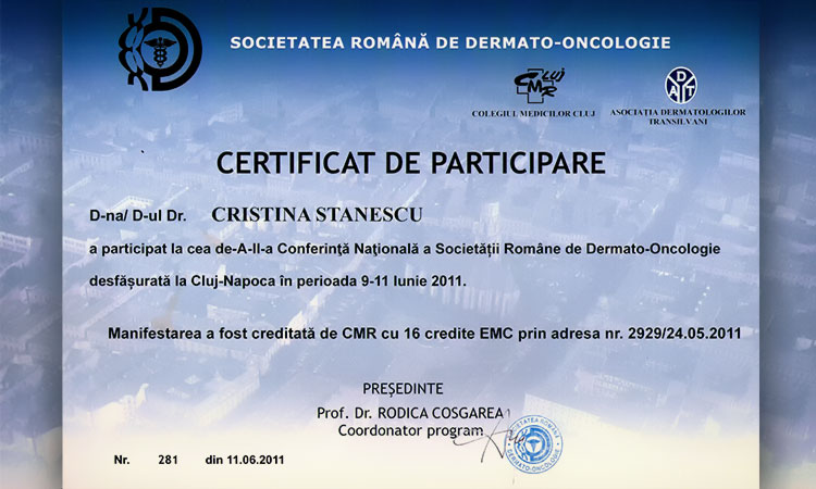 Certificat de participare la Conferinta Nationala a Societatii Romane de dermato-oncologie